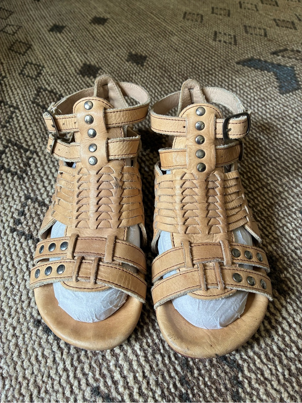 Bed Stu Tan Woven Gladiator Sandals with Stud Details